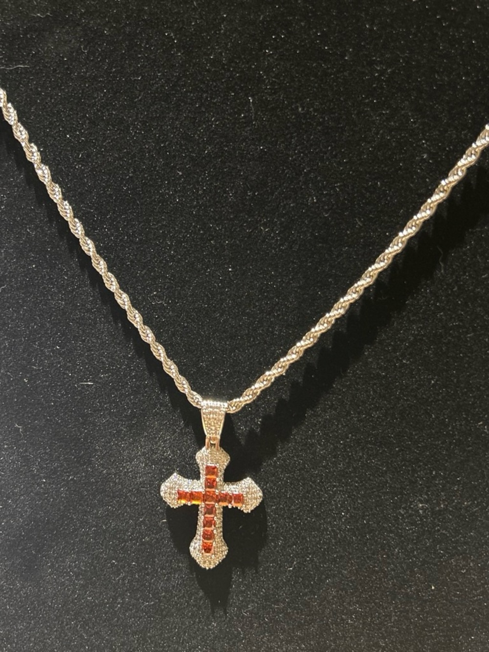 Silver color Cross Pendant Necklace with Red Accent Stones